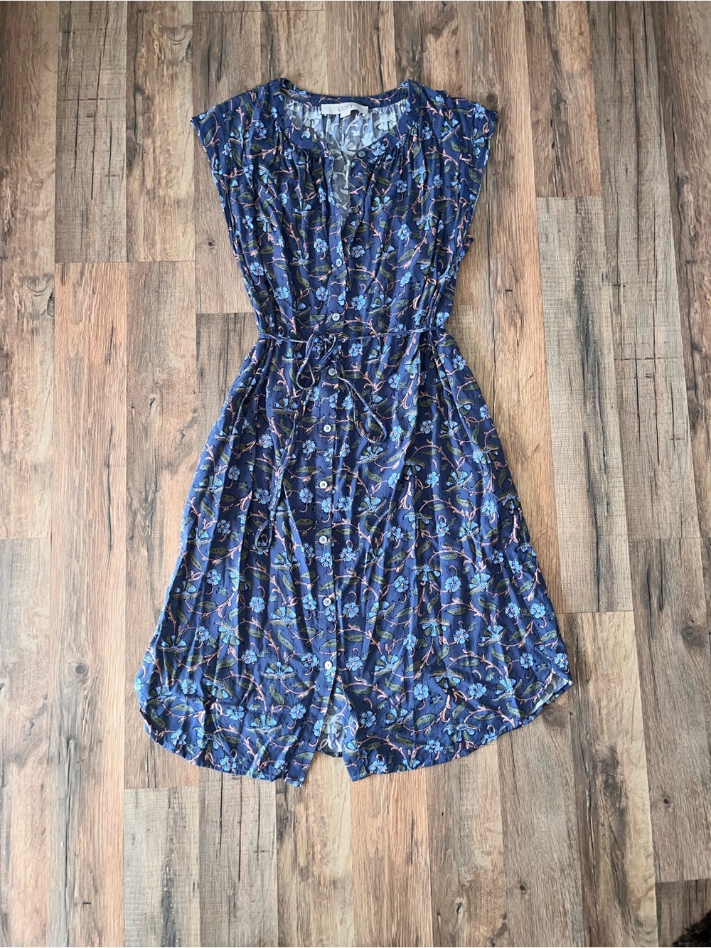 LOFT Navy Floral Button-Front Midi Dress